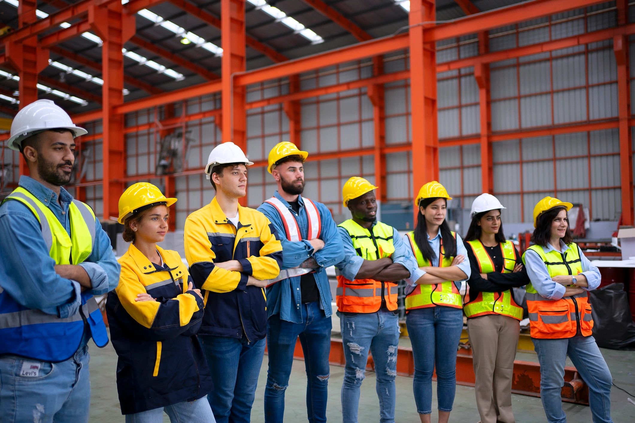 Structural steel engineering team in fabrication environment